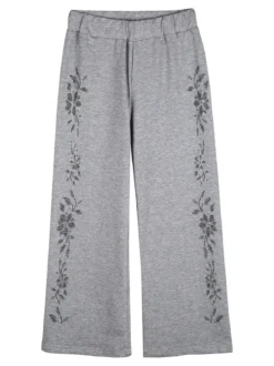 Sweet Junior Pantaloni da bambina a gamba larga con strass floreali - grigio
