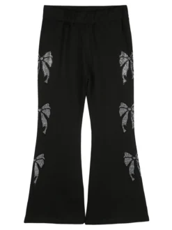 Sweet Junior Pantaloni da bambina a zampa con fiocchi di strass ed elastico in vita - nero