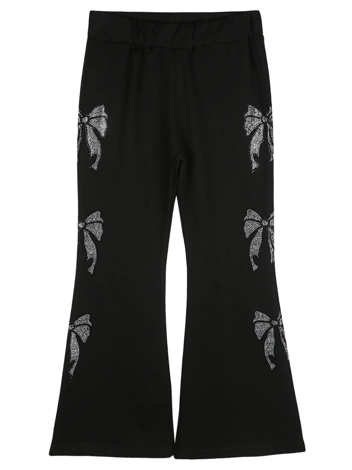 Sweet Junior Pantaloni da bambina a zampa con fiocchi di strass ed elastico in vita - nero
