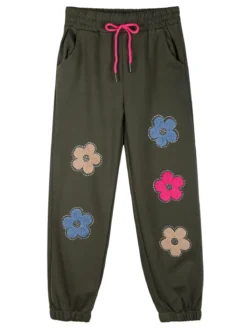 Sweet Junior Pantaloni tuta da bambina con fiori di peluche e strass - militare