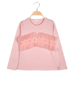 Sweet Junior T-shirt da bambina a maniche lunghe con tulle e strass - rosa