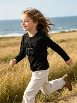 Sweet Junior T-shirt da bambina a maniche lunghe con tulle e strass - nero