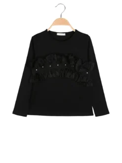 Sweet Junior T-shirt da bambina a maniche lunghe con tulle e strass - nero
