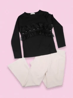 Sweet Junior T-shirt da bambina a maniche lunghe con tulle e strass - nero