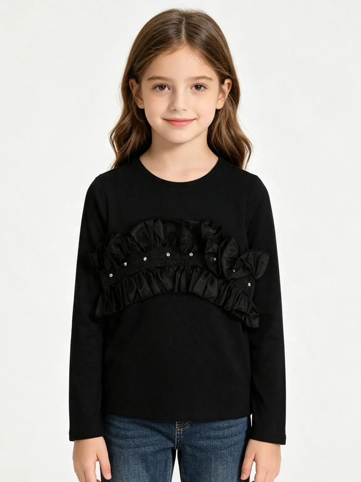 Sweet Junior T-shirt da bambina a maniche lunghe con tulle e strass - nero
