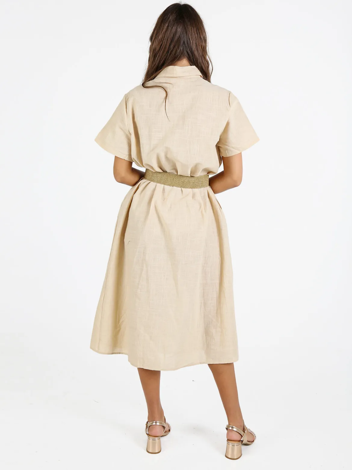 Sweet Miss Abito donna a maniche corte in misto lino con ricami - beige