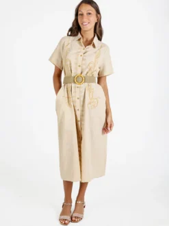 Sweet Miss Abito donna a maniche corte in misto lino con ricami - beige