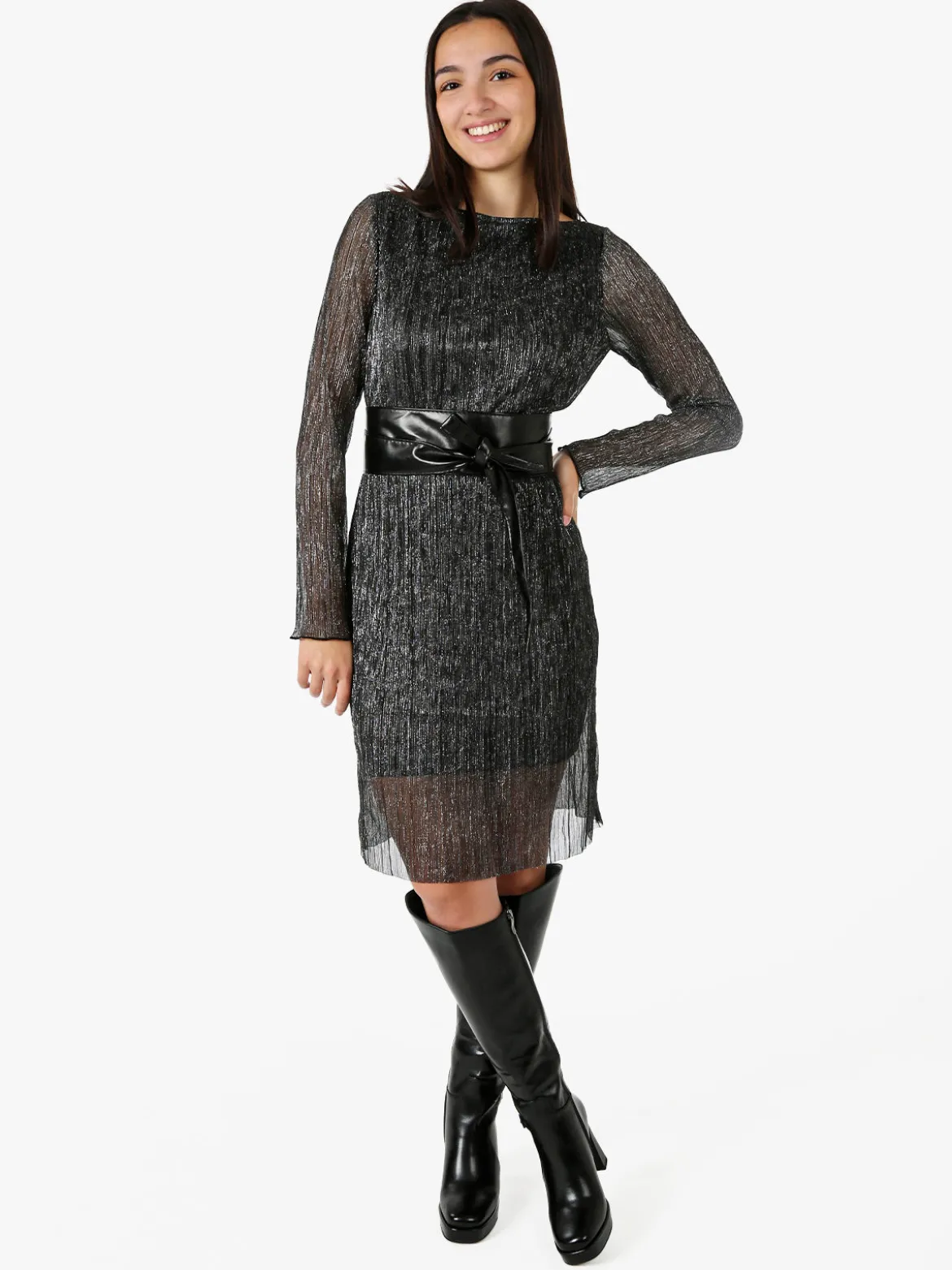 Sweet Miss Abito donna in lurex con maniche lunghe velate - argento