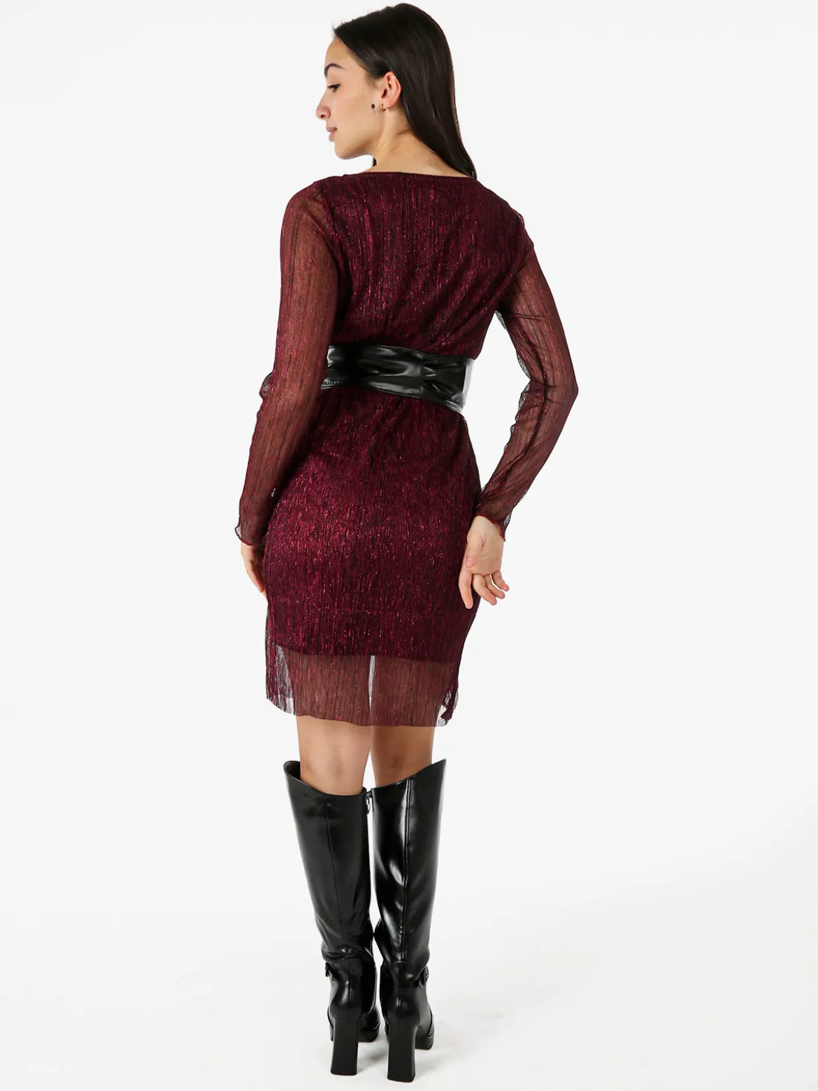 Sweet Miss Abito donna in lurex con maniche lunghe velate - bordeaux