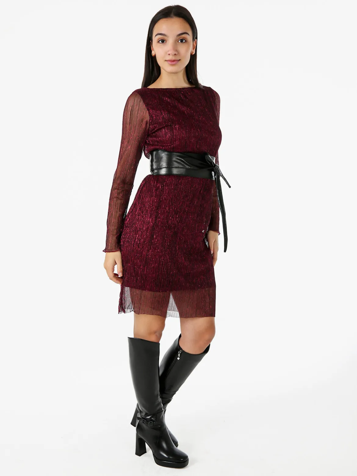 Sweet Miss Abito donna in lurex con maniche lunghe velate - bordeaux