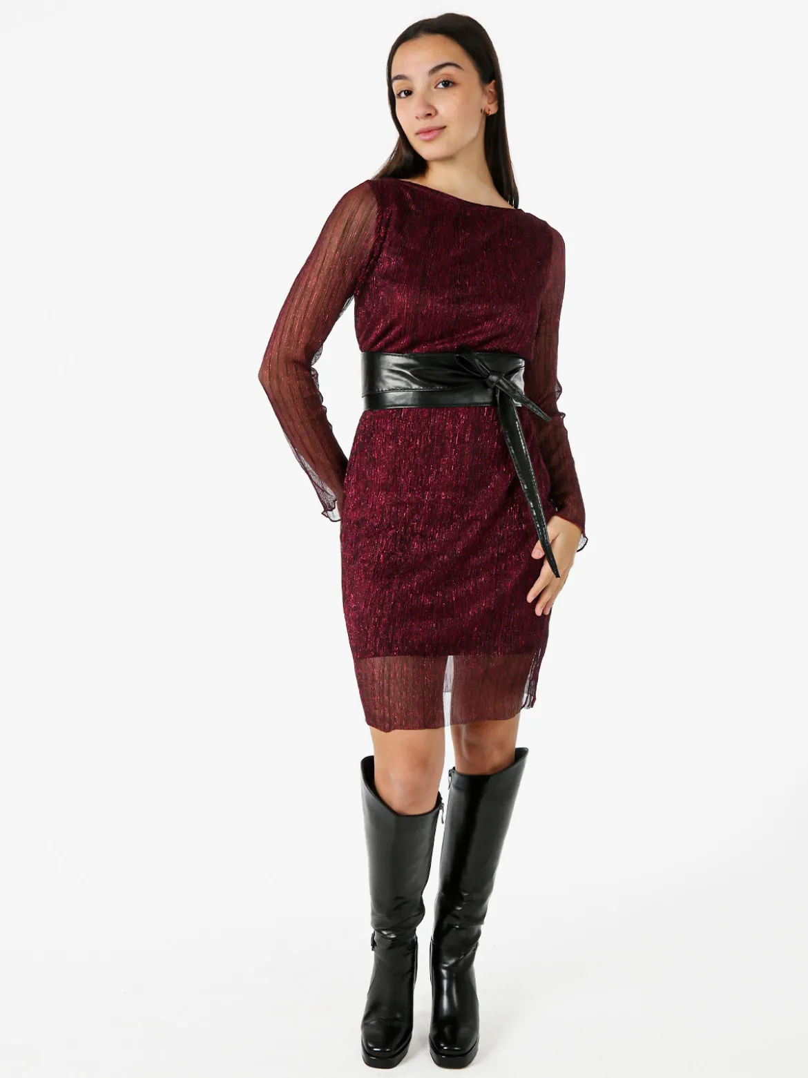 Sweet Miss Abito donna in lurex con maniche lunghe velate - bordeaux