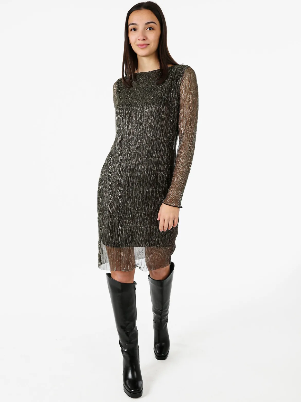 Sweet Miss Abito donna in lurex con maniche lunghe velate - marrone