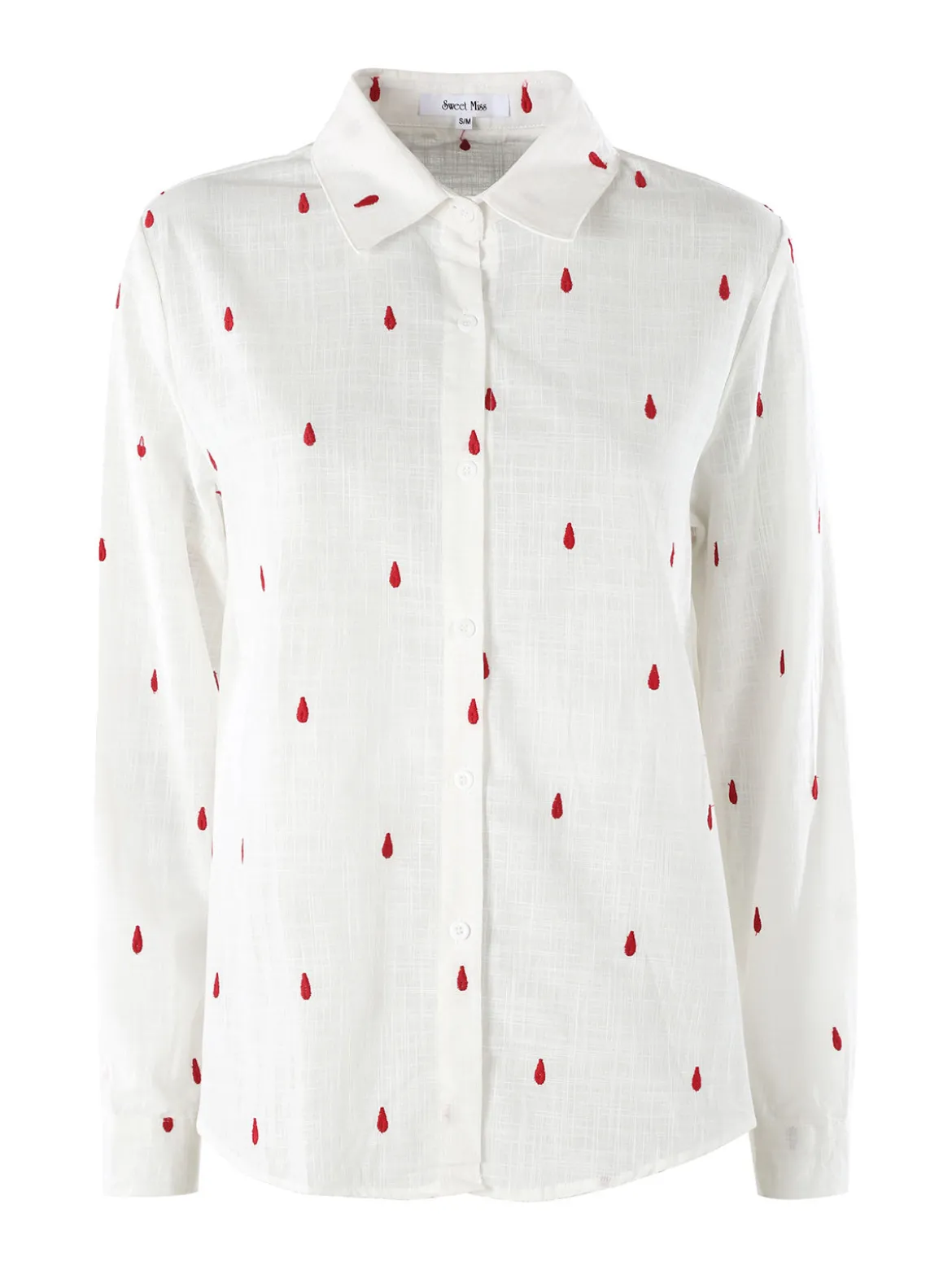 Sweet Miss Camicia donna in misto cotone e lino a maniche lunghe con ricami a goccia - rosso