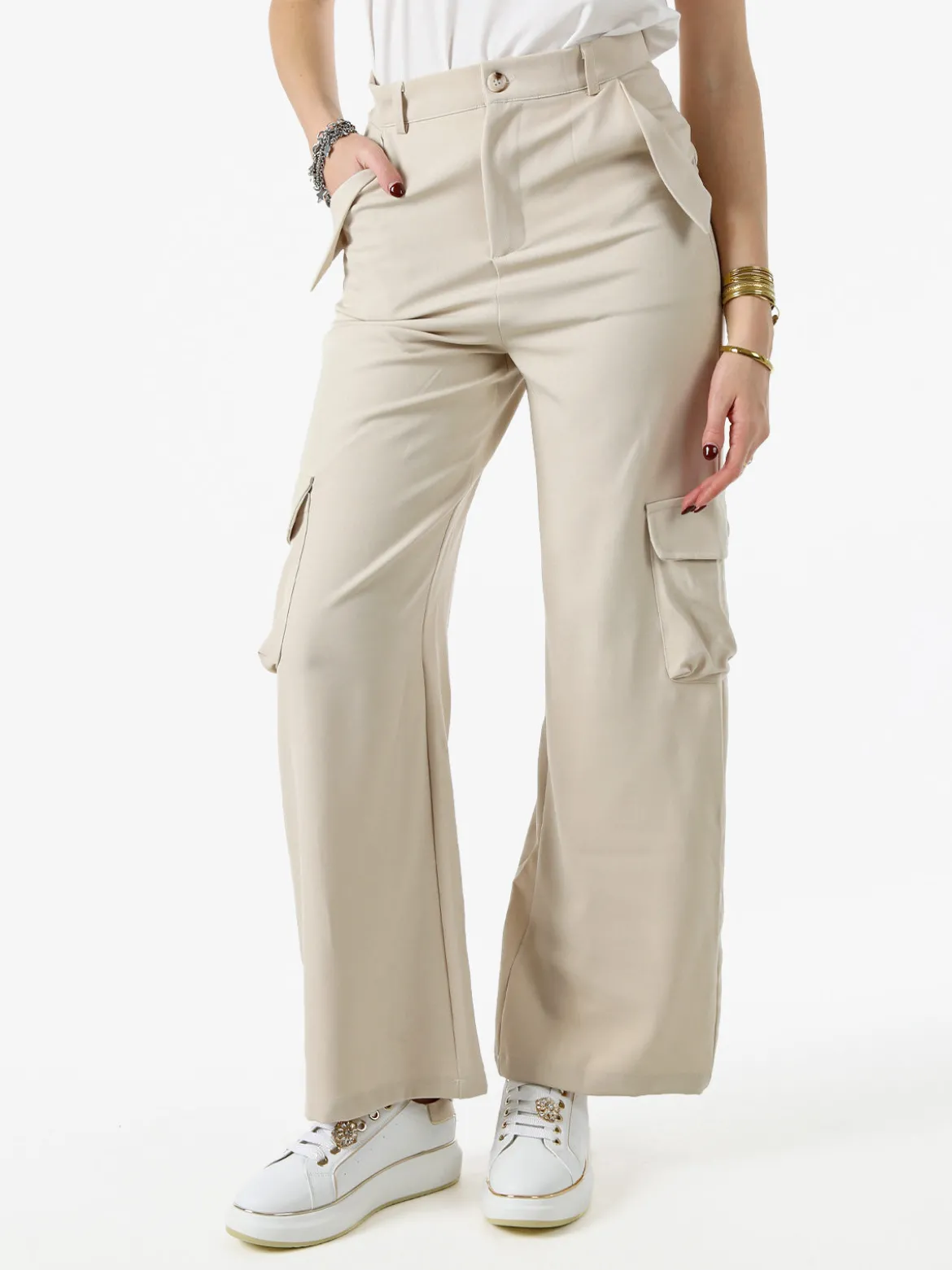 Sweet Miss Pantaloni donna a palazzo con tasconi laterali - beige