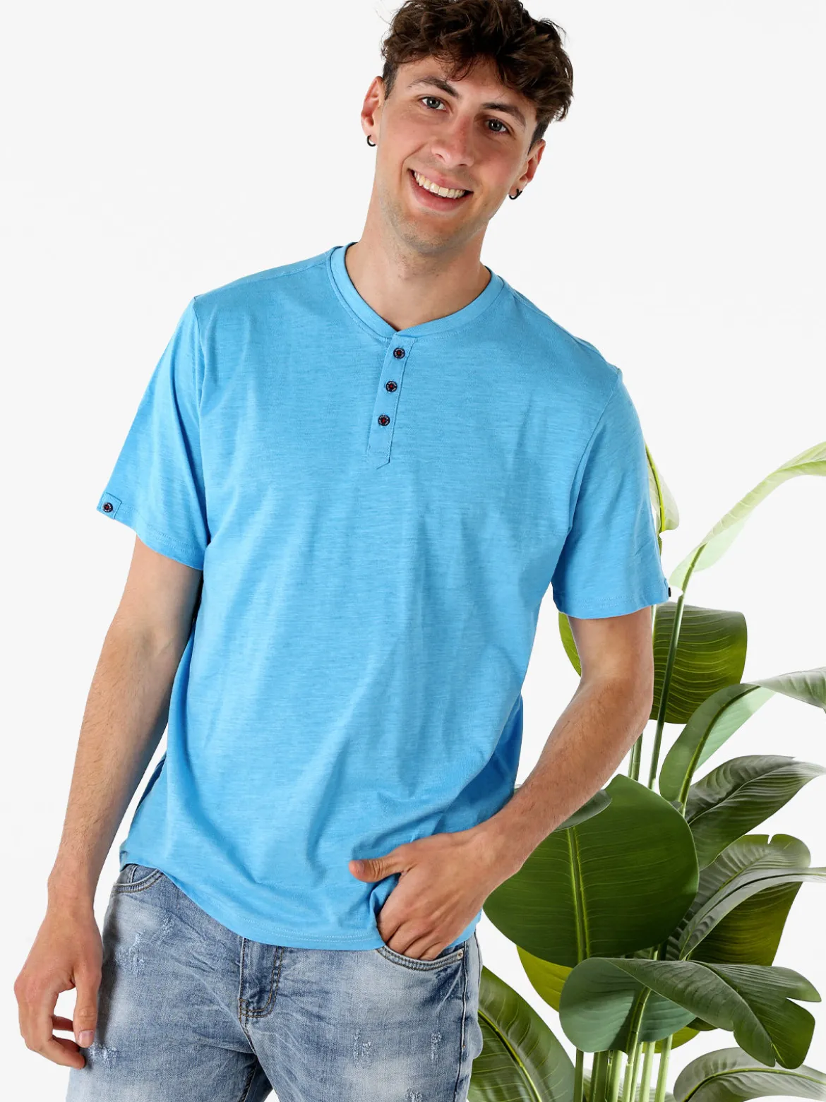 The People Rep T-shirt da uomo in cotone con bottoncini sullo scollo - turchese