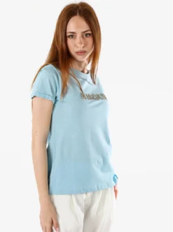The People Rep T-shirt donna in cotone con scritta di strass e pietre - azzurro