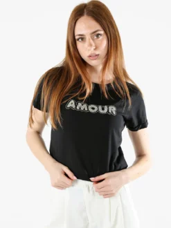 The People Rep T-shirt donna in cotone con scritta di strass e pietre - nero
