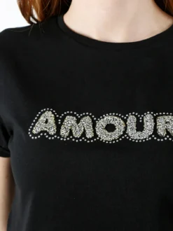 The People Rep T-shirt donna in cotone con scritta di strass e pietre - nero