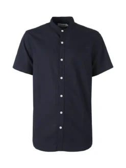 Tmk Camicia uomo misto lino e cotone a maniche corte con colletto alla coreana - blu scuro