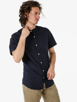 Tmk Camicia uomo misto lino e cotone a maniche corte con colletto alla coreana - blu scuro