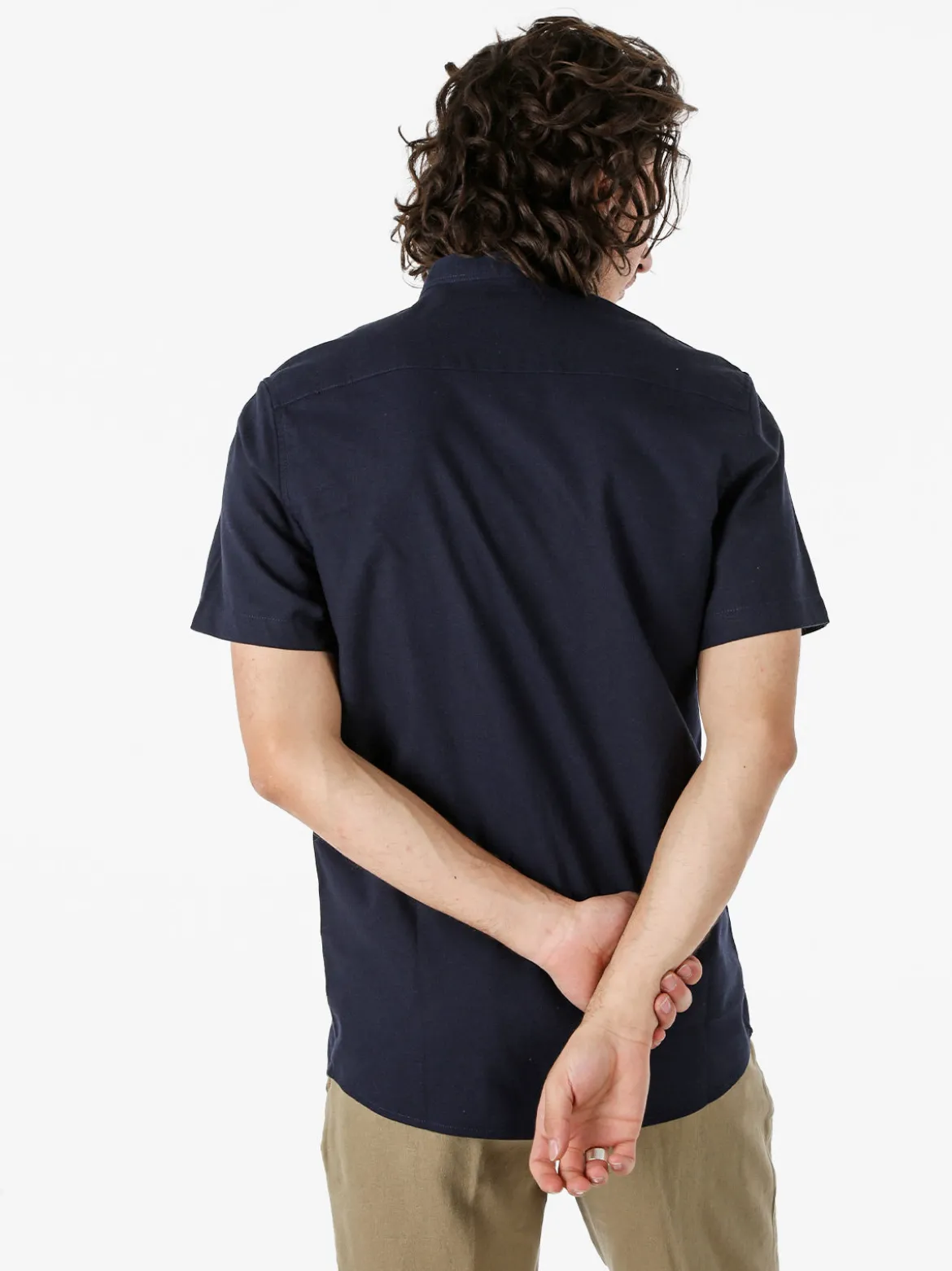 Tmk Camicia uomo misto lino e cotone a maniche corte con colletto alla coreana - blu scuro