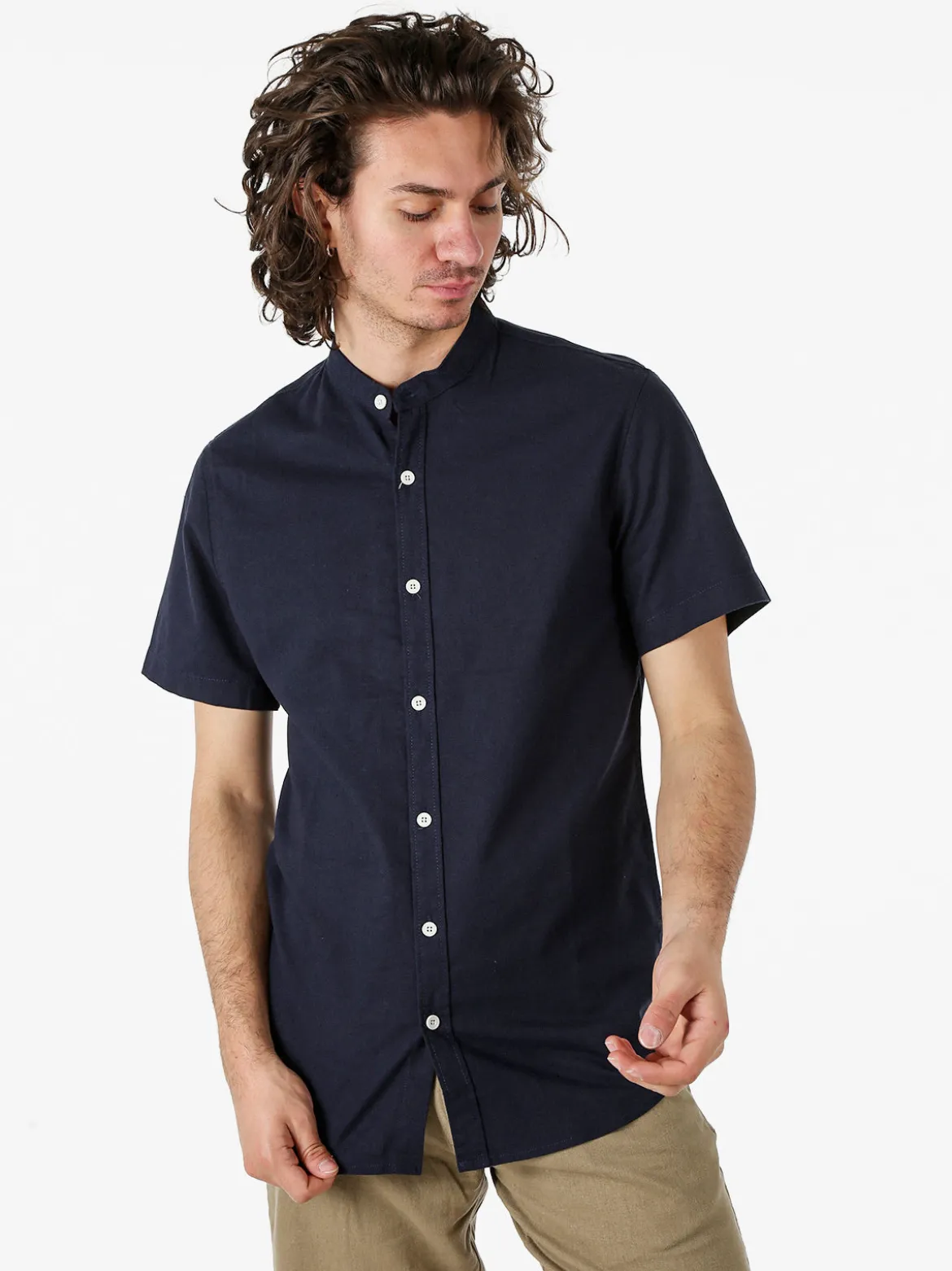 Tmk Camicia uomo misto lino e cotone a maniche corte con colletto alla coreana - blu scuro
