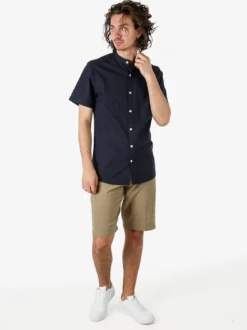 Tmk Camicia uomo misto lino e cotone a maniche corte con colletto alla coreana - blu scuro