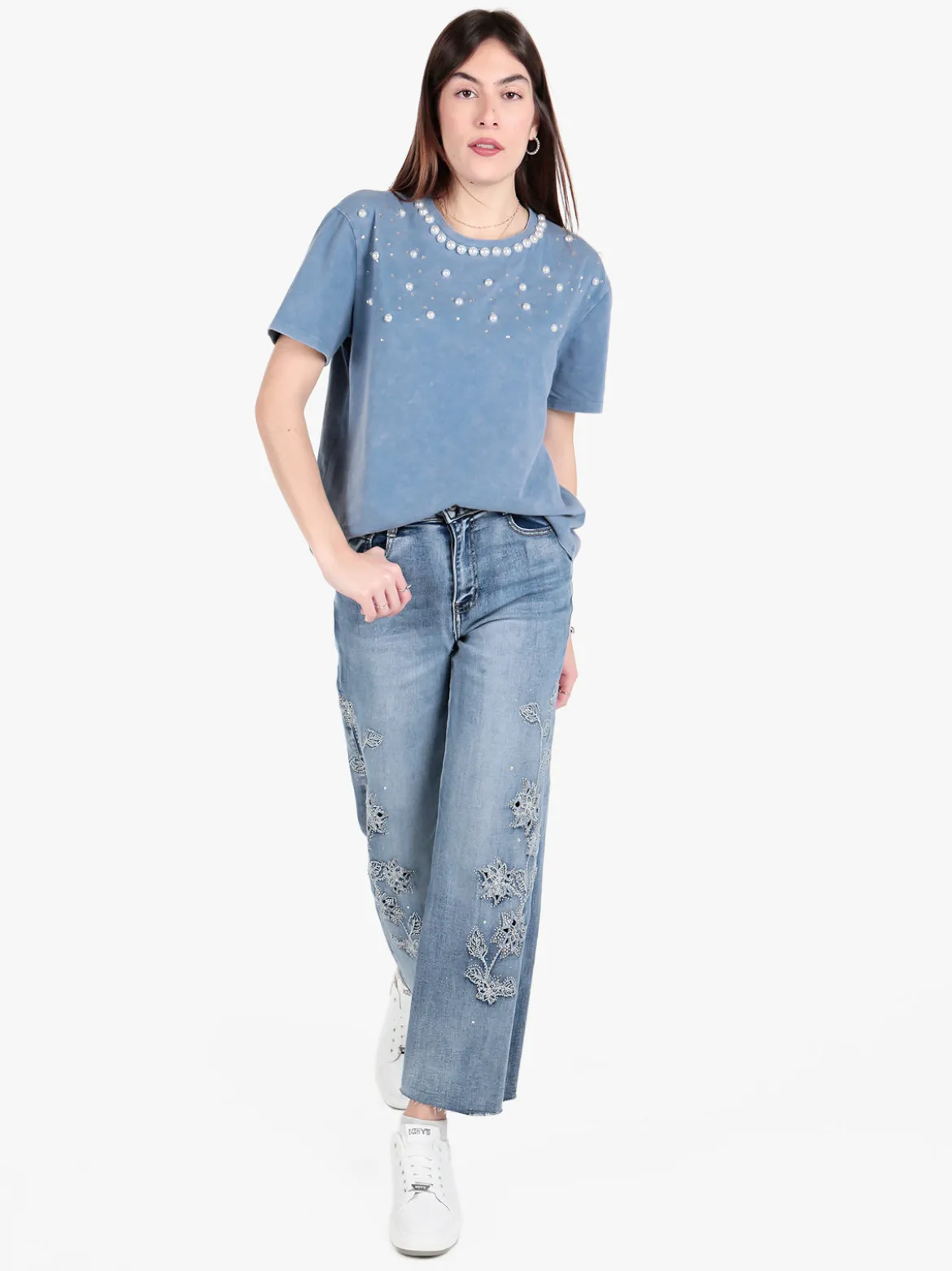 Water Jeans Jeans donna a gamba larga con ricami e strass