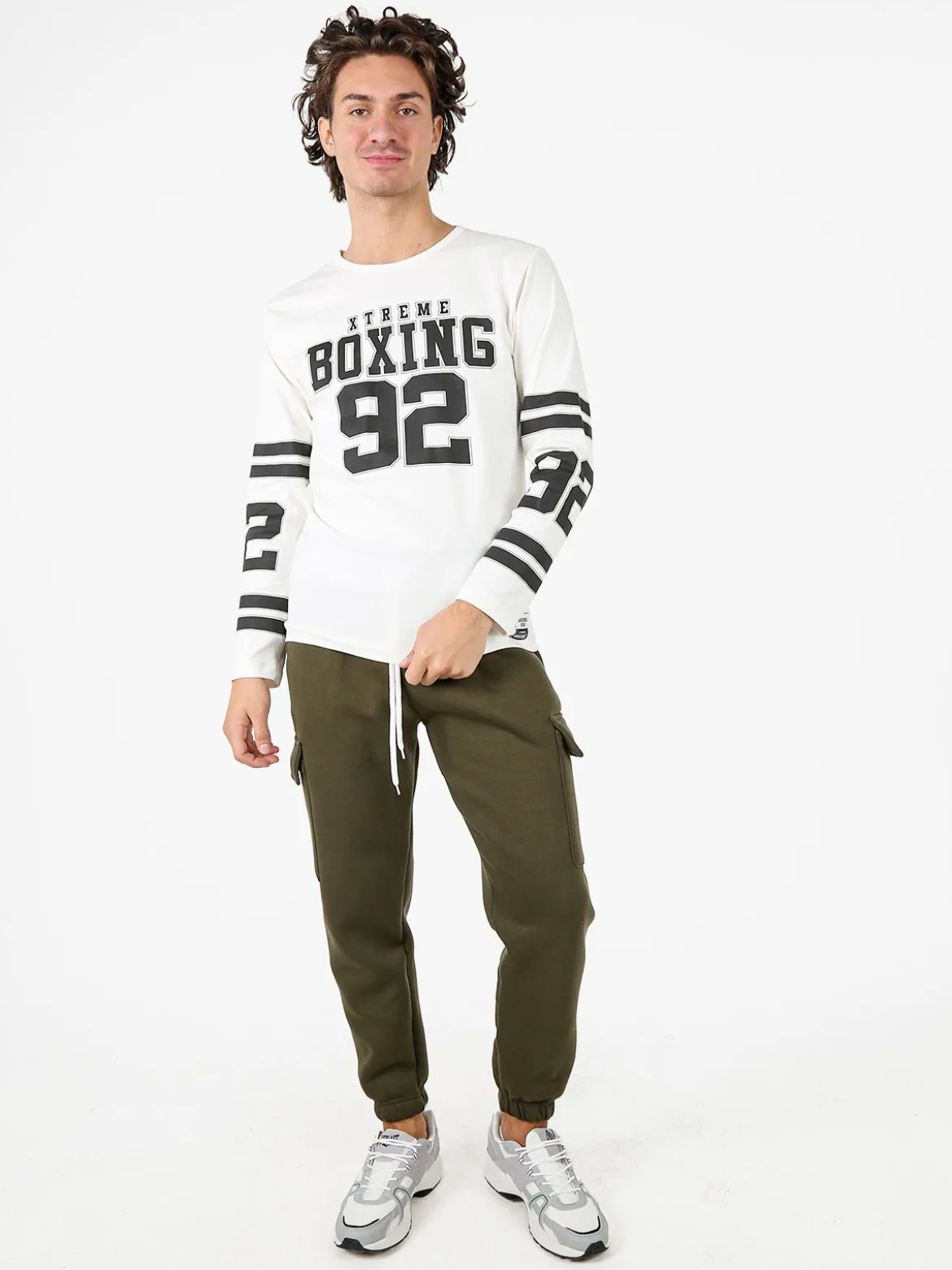 Xtreme Boxing T-shirt da uomo a maniche lunghe con logo - panna
