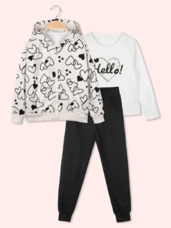 Yes! Do Kid'S Completo 3 pezzi da bambina con felpa con stampa a cuori - panna